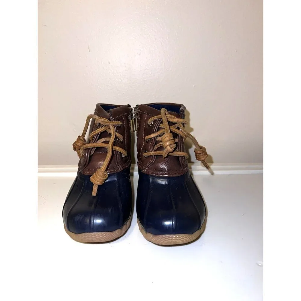 Sperry Saltwater Baby Duck Navy and Brown Lace Zipper Boots Sz  6 Months